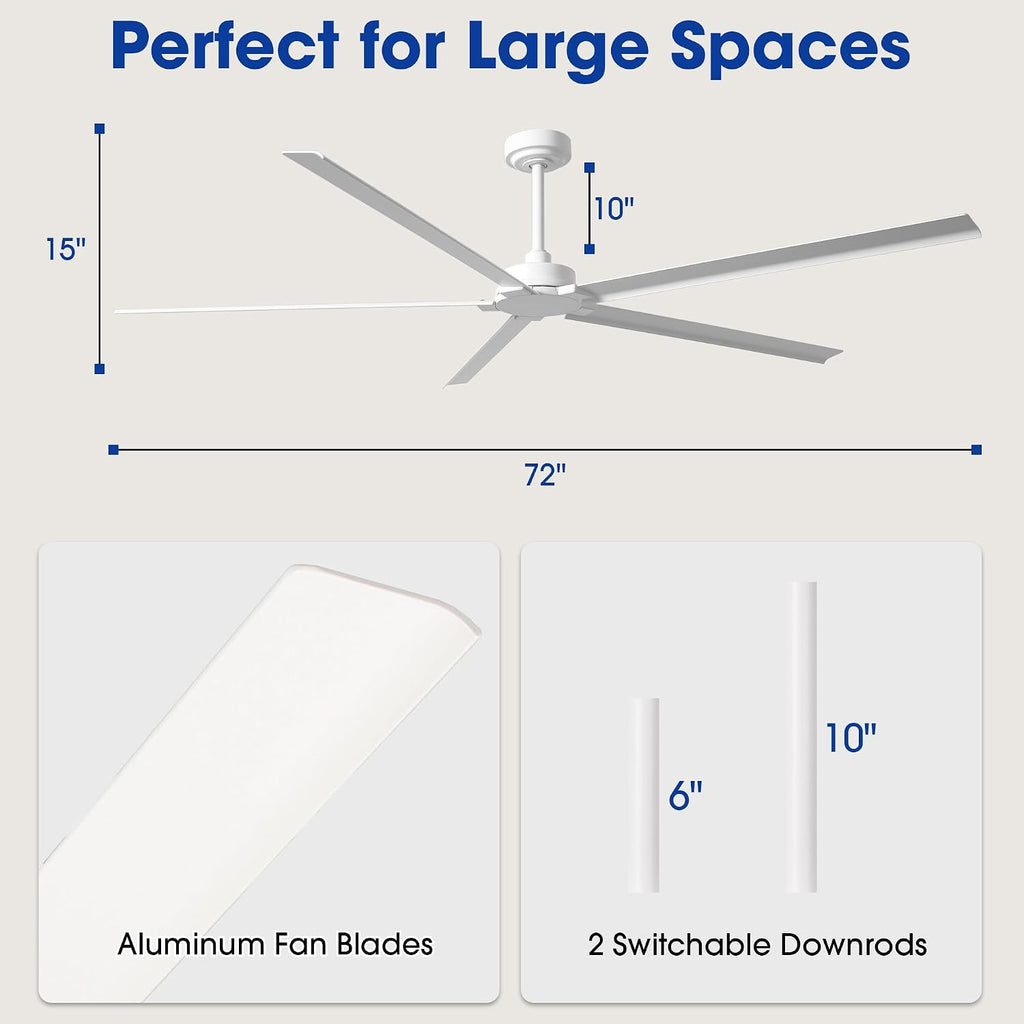 White Ceiling Fan No Light, 72 Inch Waterproof Outdoor Ceiling Fans for Patios, Remote Control, Industrial Ceiling Fans Without Lights, 6-Speed Reversible DC Motor, 5 Aluminum Blades, Timer