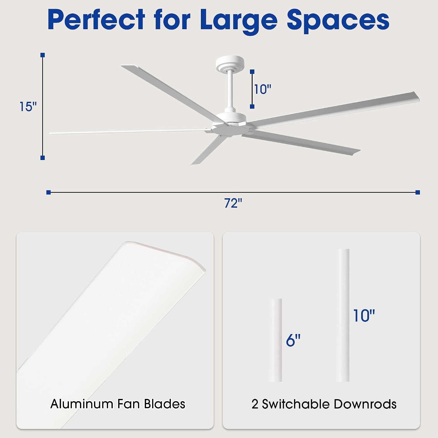 White Ceiling Fan No Light, 72 Inch Waterproof Outdoor Ceiling Fans for Patios, Remote Control, Industrial Ceiling Fans Without Lights, 6-Speed Reversible DC Motor, 5 Aluminum Blades, Timer