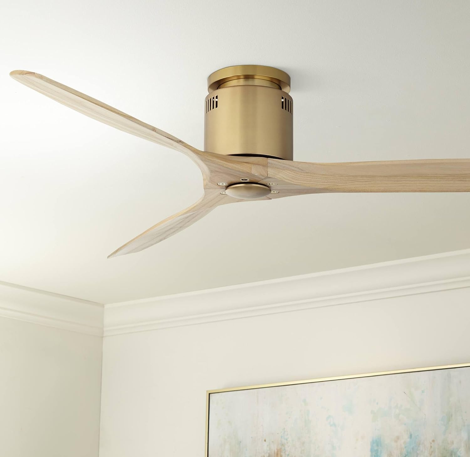 Casa Vieja 52' Windspun Modern Indoor Ceiling Fan 3 Blade Remote Control Soft Brass Finish Wood Blades Bedroom Living Room Kitchen Dining Office Hugger DC Motor Flush Mount Family Shop Low Profile