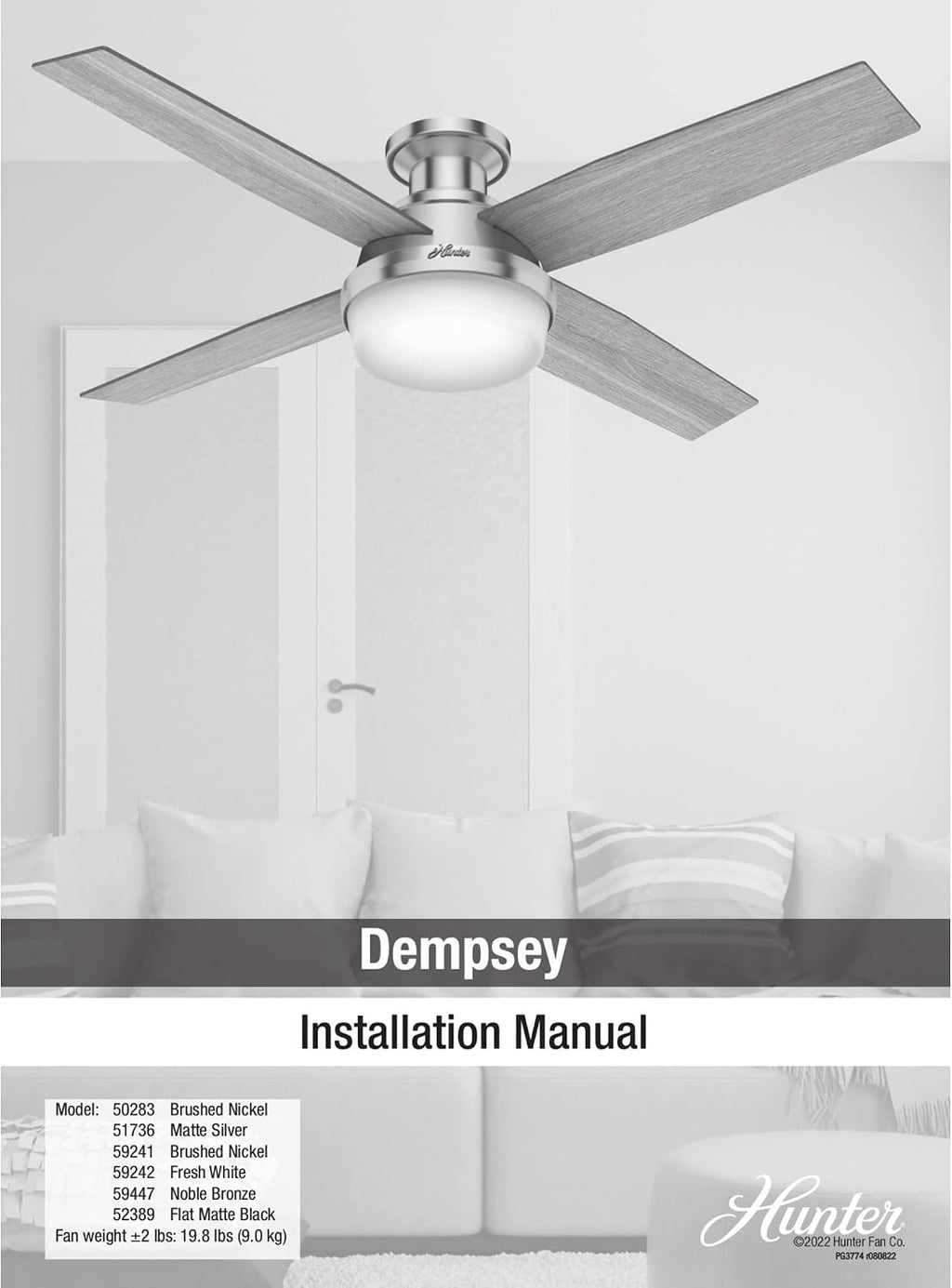 Hunter 52 inch Indoor Ceiling Fan with LED Light and Remote Control - Black Modern Ceiling Fan, Low Profile Mount, 4 Blades, for Bedroom, Living Room, or Kitchen, Quiet - Dempsey 52389, Matte Black