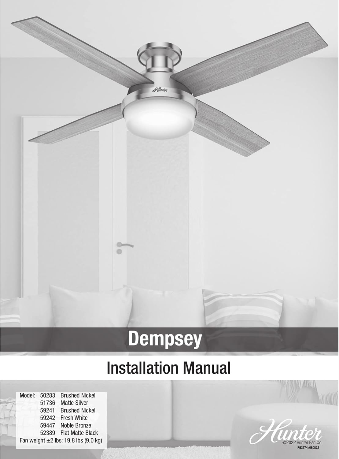 Hunter 52 inch Indoor Ceiling Fan with LED Light and Remote Control - Black Modern Ceiling Fan, Low Profile Mount, 4 Blades, for Bedroom, Living Room, or Kitchen, Quiet - Dempsey 52389, Matte Black