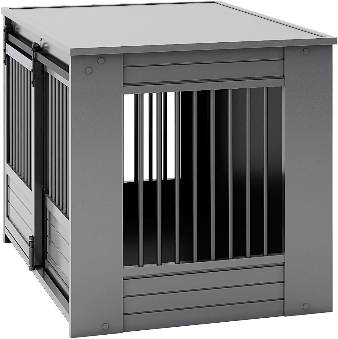 New Age Pet ECOFLEX Barn Door Dog Crate & End Table, Indoor Furniture Style Kennel for Medium & Large Dogs, Durable, Non Toxic Composite, Espresso Black, Large