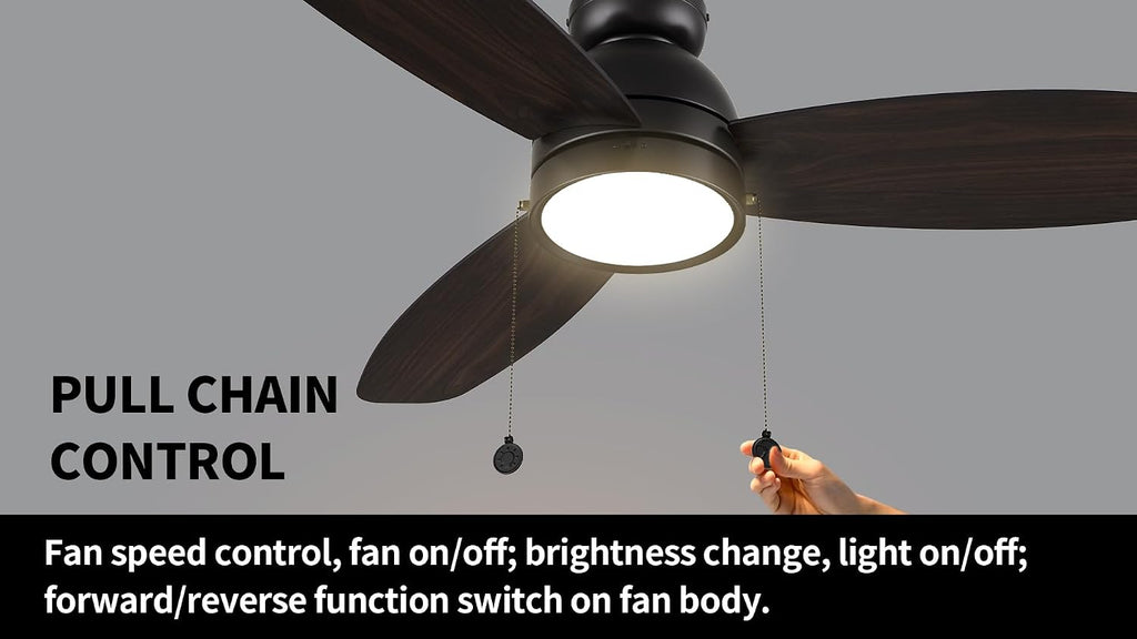SMAAIR 48 Inch Indoor Ceiling Fans with Pull Chain, Modern Ceiling Fans with LED Lights, Dimmable, 3-Peed Quiet DC Motors, 3 Blades for Bedroom, Reversible, Wooden/Walnut