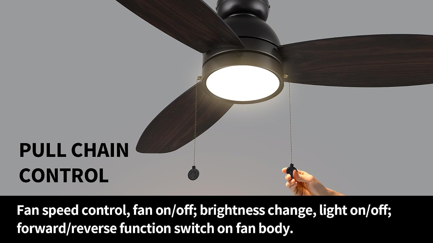 SMAAIR 48 Inch Indoor Ceiling Fans with Pull Chain, Modern Ceiling Fans with LED Lights, Dimmable, 3-Peed Quiet DC Motors, 3 Blades for Bedroom, Reversible, Wooden/Walnut