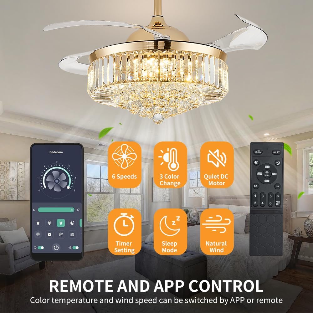42'' Fandelier Ceiling Fans with Light, Chandelier Ceiling Fan, Retractable Crystal Ceiling Fan for Bedroom, Living Room, 3 Color Change, LED Dimmable, 6 Speeds, Reversible DC Motor-Gold