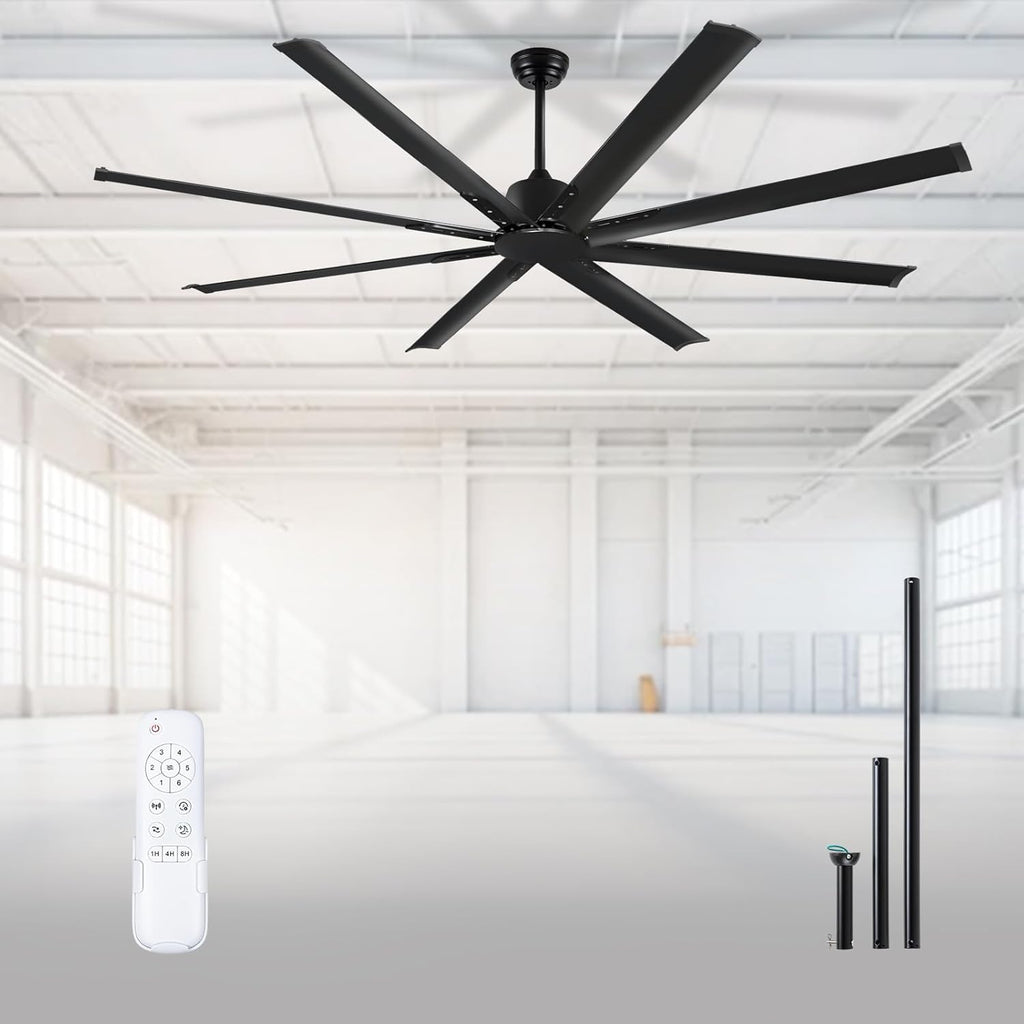 Minislak 84 Inch Ceiling Fan No Light with 8 Black Aluminum Blades,Industrial DC Motor Fan Quiet Operation with Remote,6 Speeds,Large Indoor Outdoor Ceiling Fan for Garage,Patio,Living Room