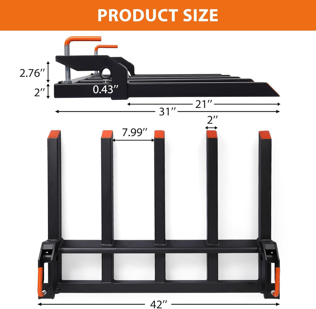Heavy Duty Clamp-On Debris Forks for 48' Tractor Bucket – 5-Tine Pallet Fork Attachment – 2500 lbs Capacity – Fits Lawn Tractors, Loaders, Skid Steers – Agricultural Machinery Accessory
