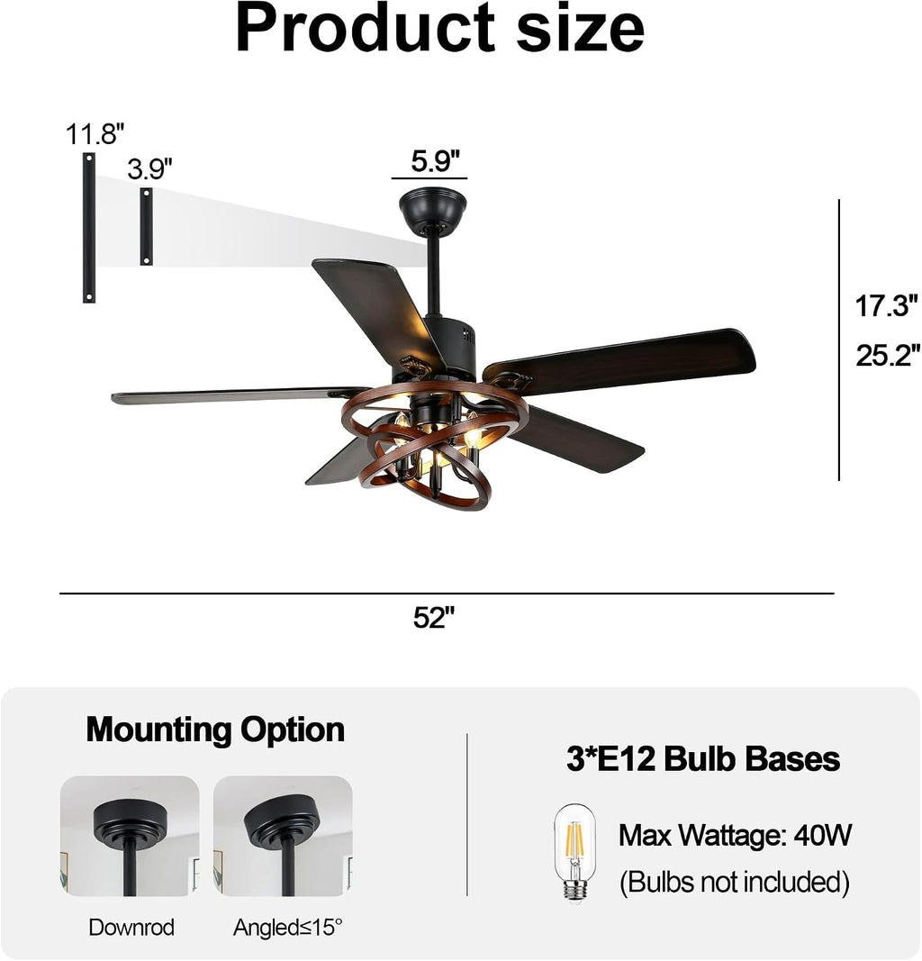 52' Farmhouse Ceiling Fan with Lights and Remote Control, Rustic Fandalier Ceiling Fan DIY Shape Caged Chandelier Light for Living Room Indoor Outdoor, 3 E12 Bulbs (Not Included)