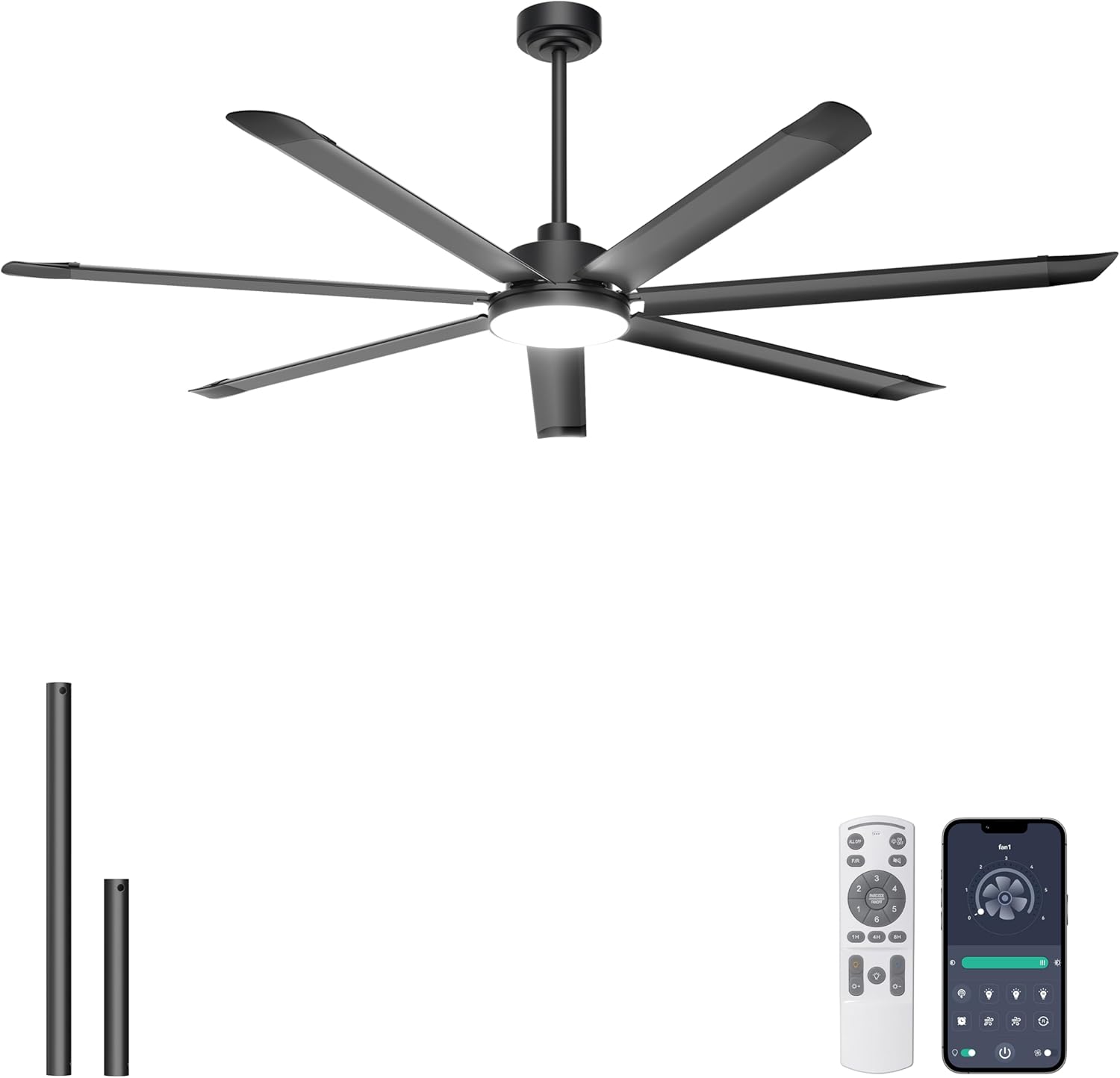 Ohniyou 72'' Large Ceiling Fan with Lights, High CFM Industrial Ceiling Fan with Remote/APP, 7 Aluminum Blades, Dimmable, for Outdoor Patio, Shop, Garage, Black