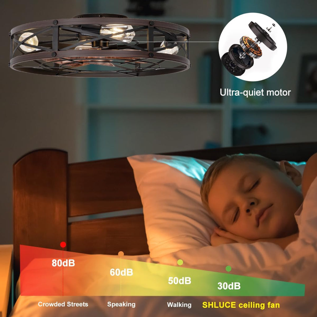 SHLUCE 24' Farmhouse Caged Flush Mount Ceiling Fan with Light, Rustic Low Profile Bladeless Ceiling Fans with Lights and Remote, Modern Large Ceiling Fan with Light for Bedroom, Kitchen, Brown - ETL
