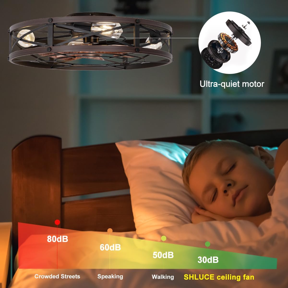 SHLUCE 24' Farmhouse Caged Flush Mount Ceiling Fan with Light, Rustic Low Profile Bladeless Ceiling Fans with Lights and Remote, Modern Large Ceiling Fan with Light for Bedroom, Kitchen, Brown - ETL