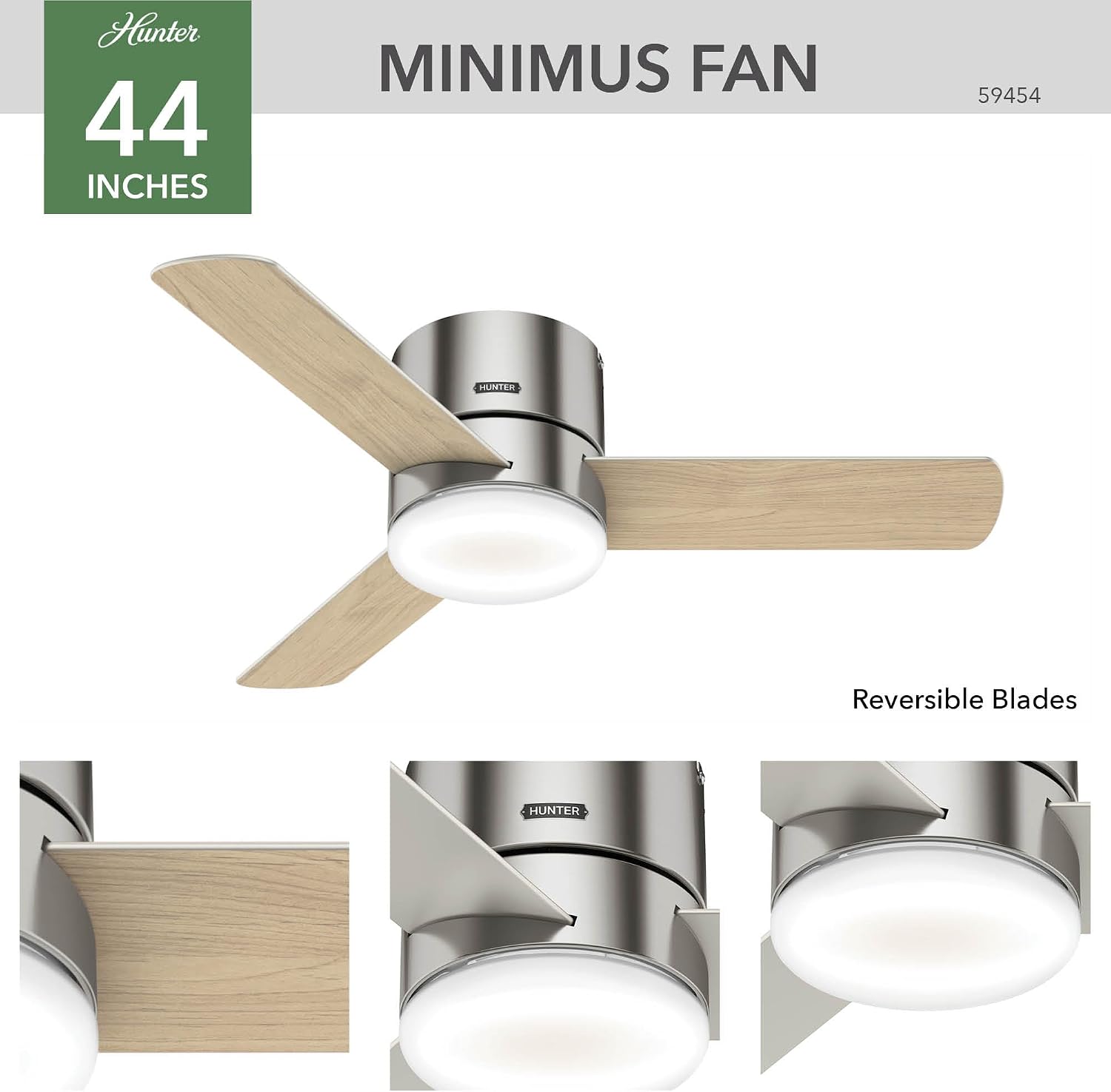 Hunter 44 inch Indoor Ceiling Fan with Light and Remote Control - For Bedroom or Living Room, Low Profile Flush Mount, Modern Ceiling Fan with LED Light, Quiet, 3 Blades- Minimus 59454, Brushed Nickel
