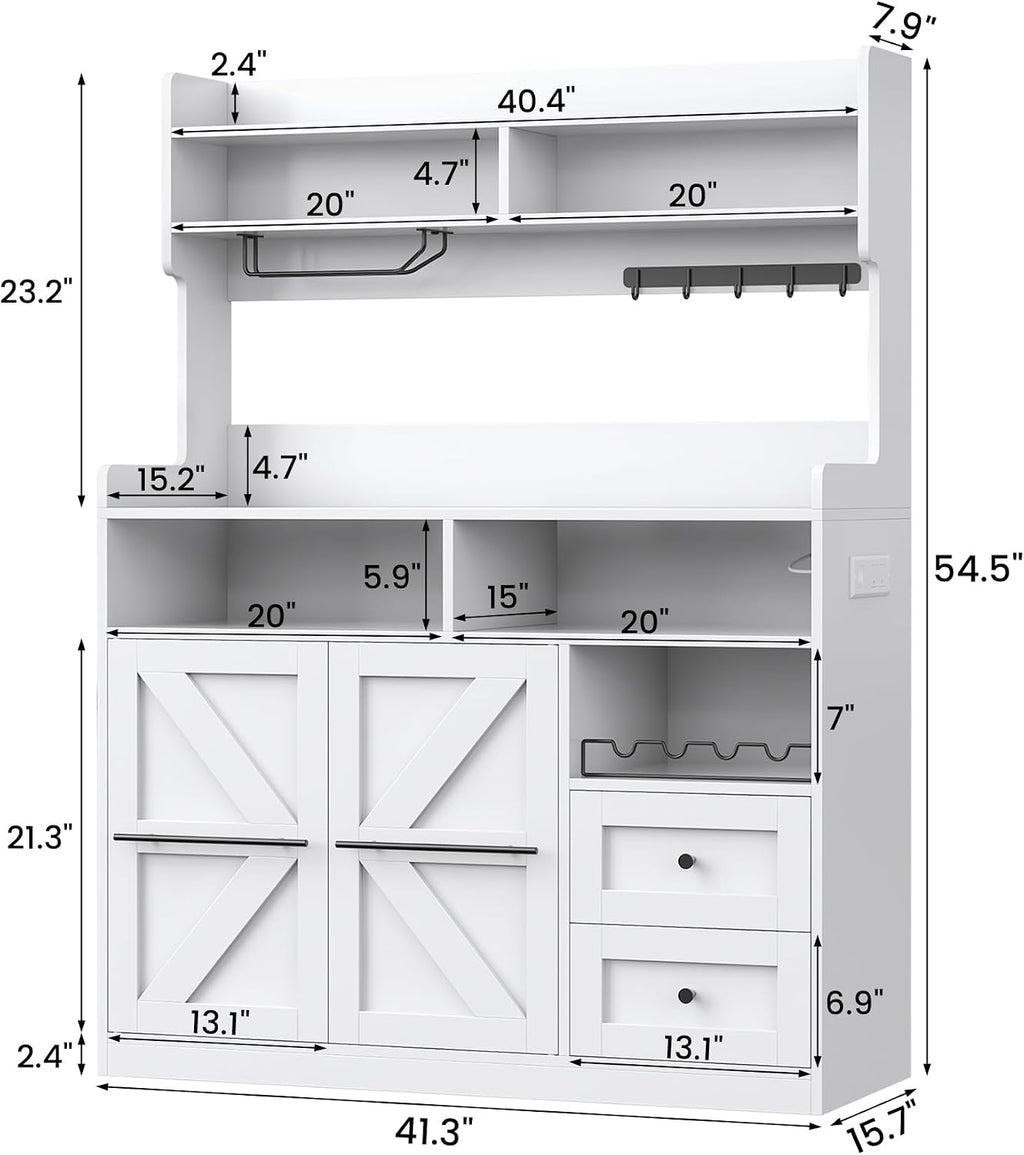 VVFLU Hutch Storage Buffet Cabinet with Drawers, and Charging Station, Coffee Bar Cabinet with Barn Doors, Wine Rack and Hooks, White Wood Sideboard Buffet for Kitchen, Dining Room, 54.5' High