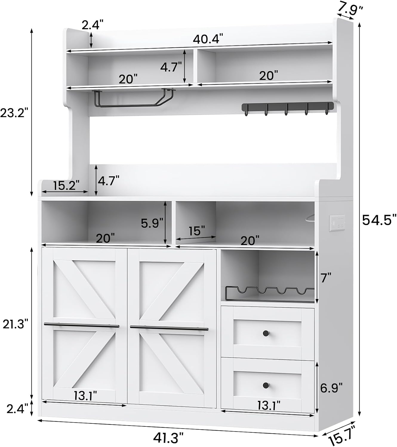 VVFLU Hutch Storage Buffet Cabinet with Drawers, and Charging Station, Coffee Bar Cabinet with Barn Doors, Wine Rack and Hooks, White Wood Sideboard Buffet for Kitchen, Dining Room, 54.5' High