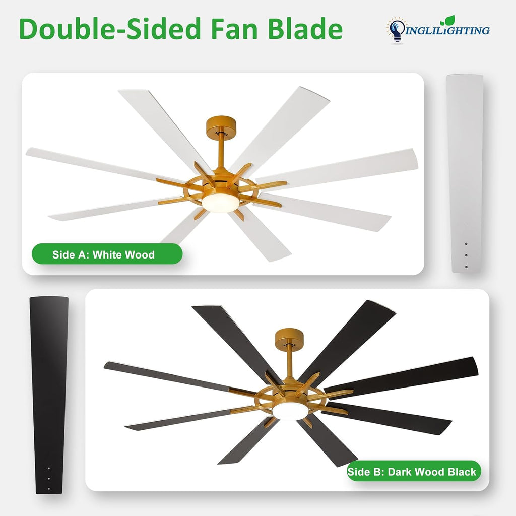 DLLT 66-Inch Ceiling Fan with Light: Farmhouse 8-Blade Bronze White Indoor Outdoor Fans with Remote App Control Dimmable Light - Ultra Quiet DC Motor Reversible 6 Speed Timer