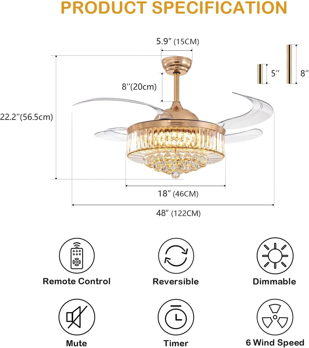 48 Inch Crystal Ceiling Fan with Light and Remote Modern Dimmable Fandelier Invisible Retractable Chandelier Fan Gold for Bedroom Living Room