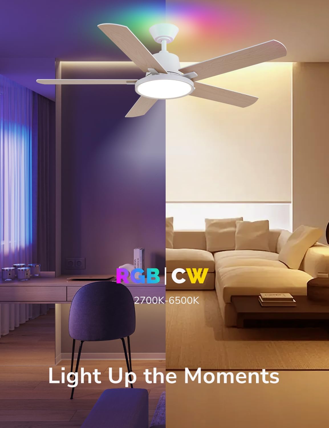 Orison Ceiling Fans with Lights, 52 inch Low Profile Ceiling Fan with RGB Backlight, Flush Mount Ceiling Fan with Remote and App Control,White Bedroom Fan, 6 Speeds, 3 Reversible Blades (White RGB)