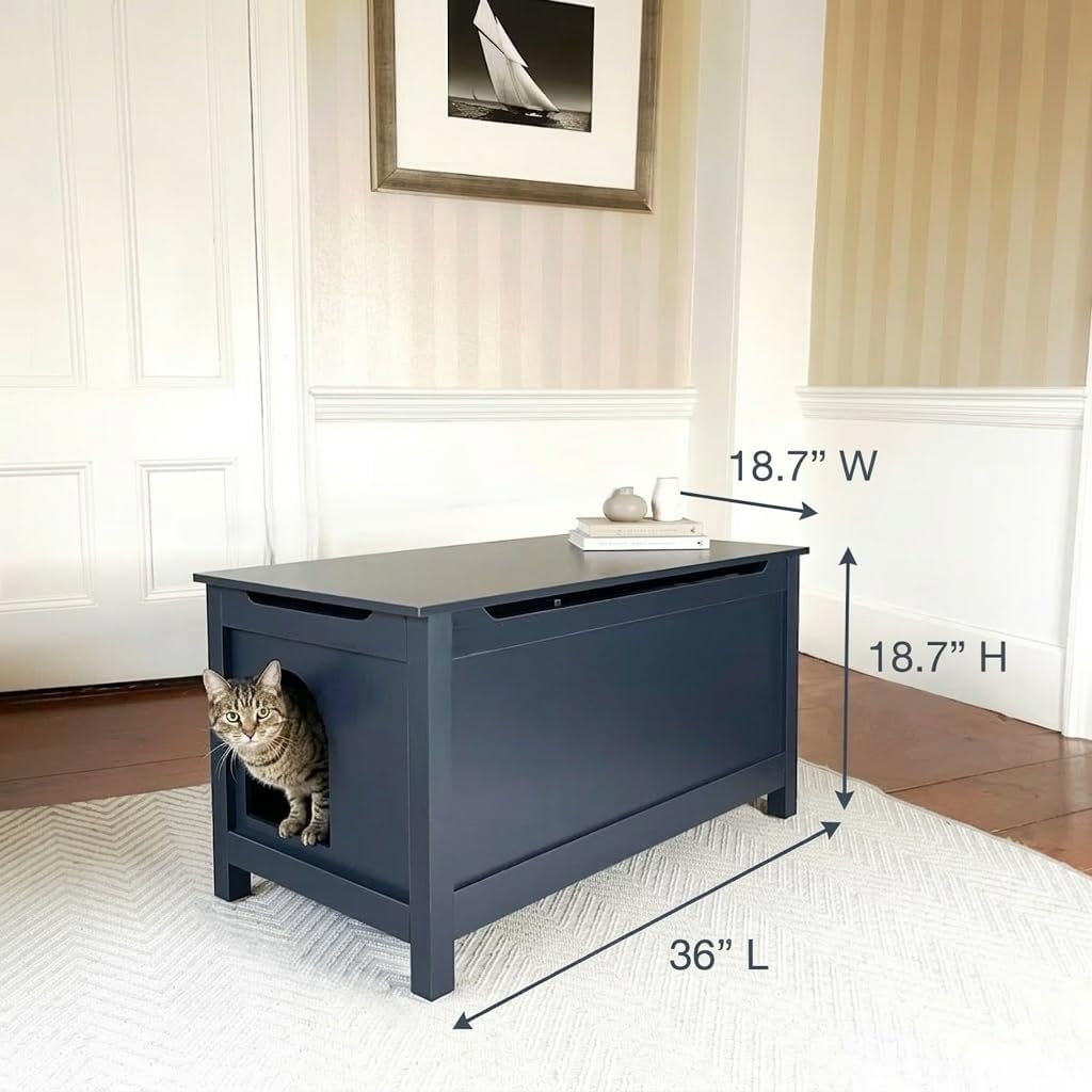Parker Designer Catbox Modern Wood Cat Litter Box Enclosure Pet Furniture, Elegant, Odor Contained for Large Cats, Charcoal