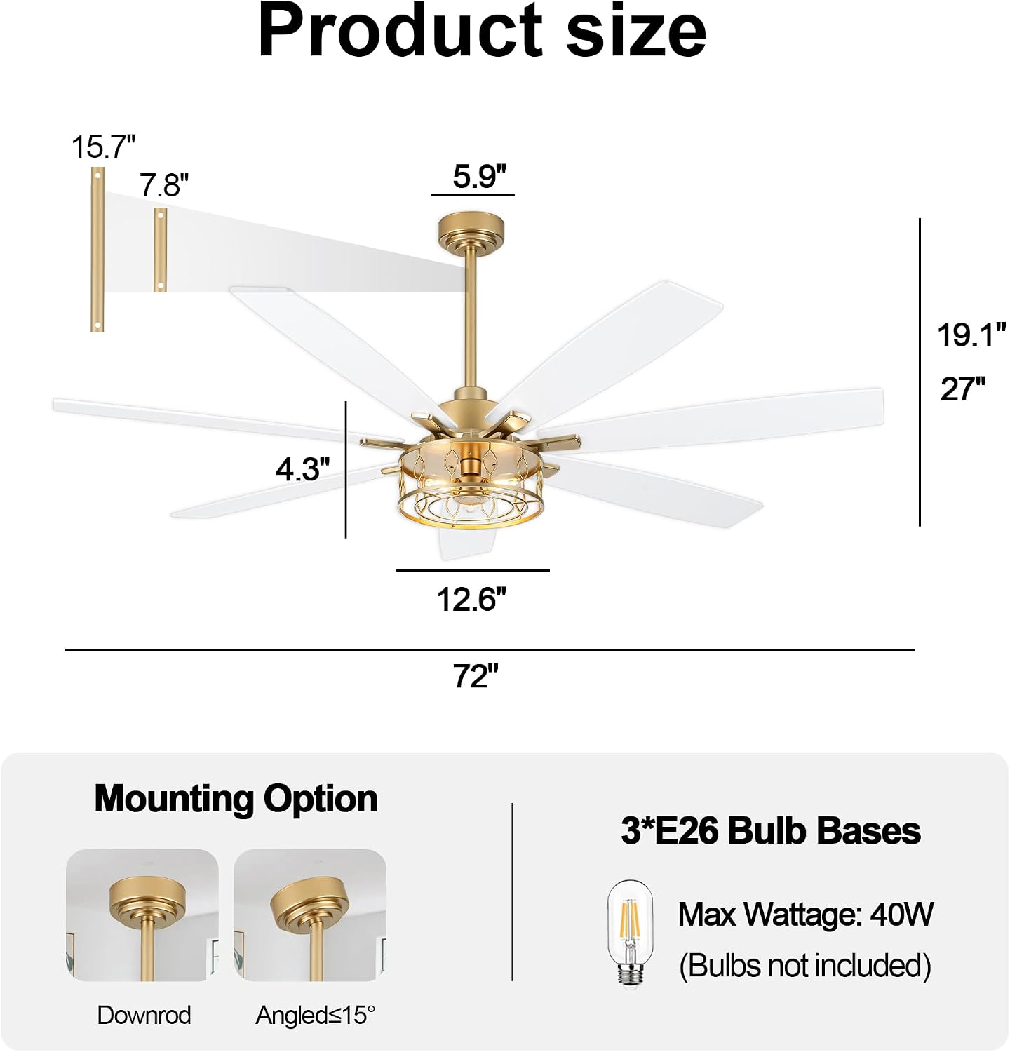 72 Inch White and Gold Ceiling Fan with Lights Fandelier Ceiling Fan Modern Caged Chandelier Farmhouse Fandeliers with Lights and Remote for Living Room Indoor Outdoor, Reversible 6 Speeds