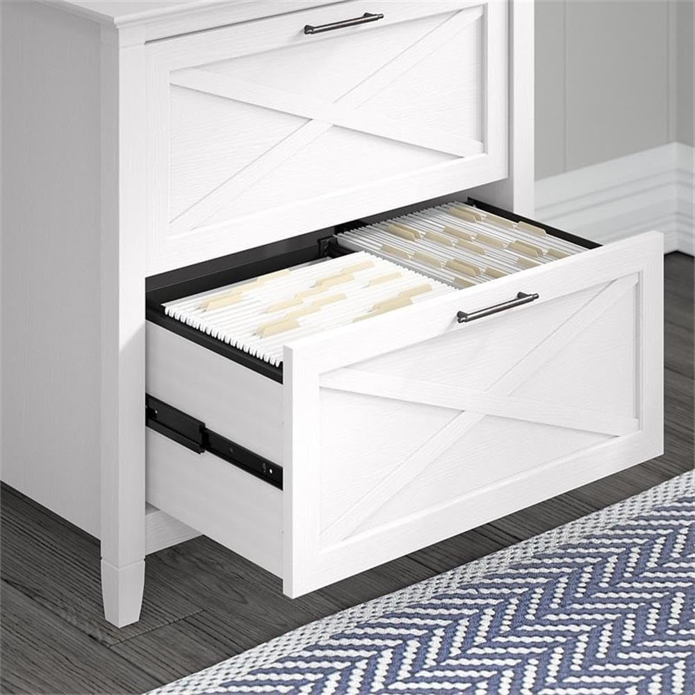 Bush Home Key West 60W L Shaped Desk with File Cabinets and 5 Shelf Bookcase in Pure White Oak