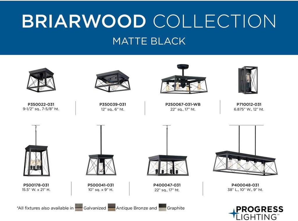 Progress Lighting Briarwood Collection 22-Inch 3-Blade AC Motor Farmhouse Ceiling Fan Matte Black, 17.00x22.00x22.00