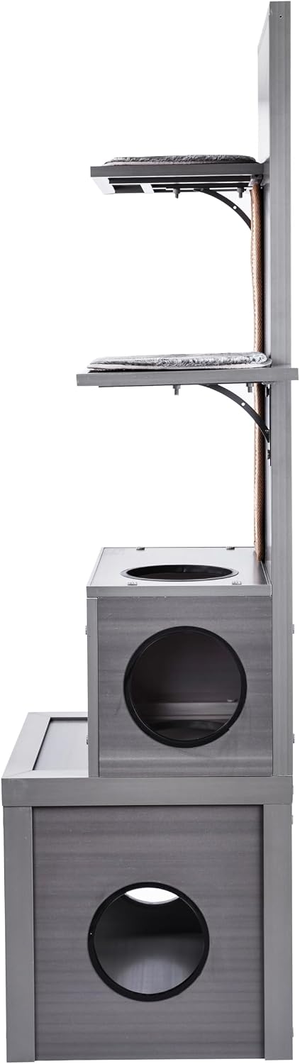 New Age Pet ECOFLEX Kitty Climber Cat Tree with 2 Cubes, 2 Shelves, Sisal Scratch Pad, 60' Tall, Moisture and Odor Resistant Indoor Cat Furniture, Grey