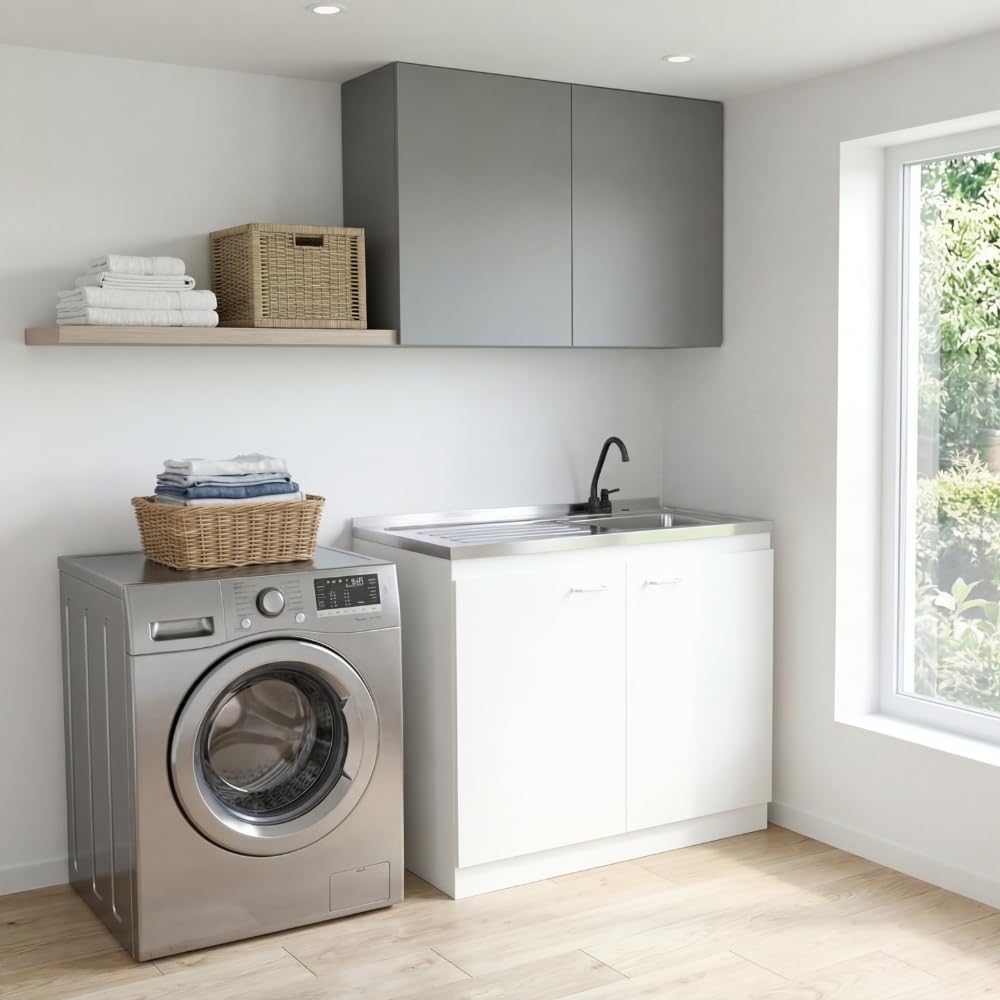 DEPOT E-SHOP Salento Utility Freestanding Sink with Cabinet 35.4' H x 39.3' W - Double Door, Two Shelves, Metal Handles, Aluminum Countertop, White, with Integrated Steel Sink