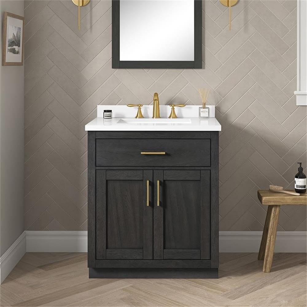 Pemberly Row 30' Bathroom Vanity, Matte Black Wood Frame, White Countertop with Undermount Ceramic Sink, Freestanding Design, Tilt-Down Drawer, Soft-Close Cabinets, Ideal for Half-Baths or En-Suites
