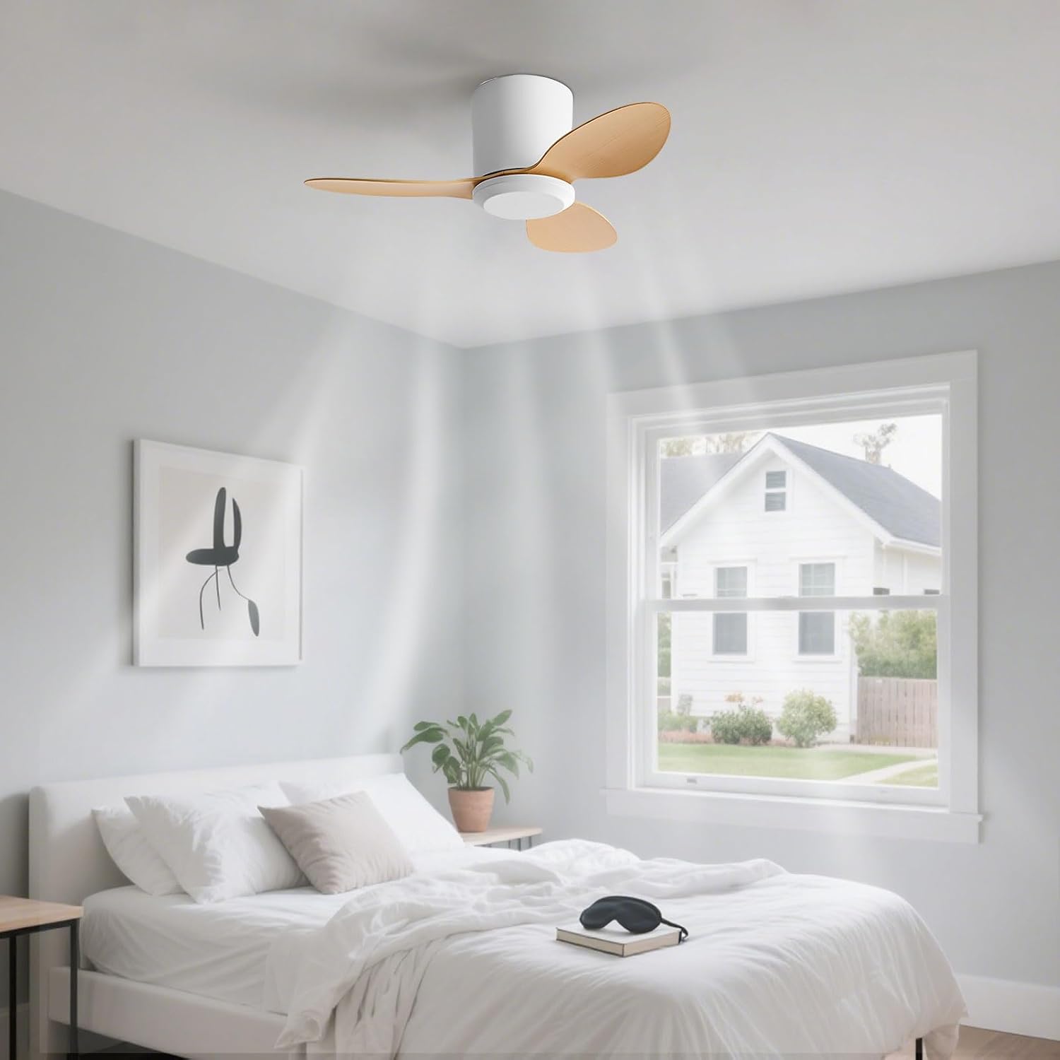 Flush Mount Ceiling Fan No Light Modern Small Ceiling Fans Remote Control 6 Speeds 25 Inch Ceiling Fan Without Lights Quiet DC Motor, 3 Blades For Restaurant Bedroom Patio Indoor