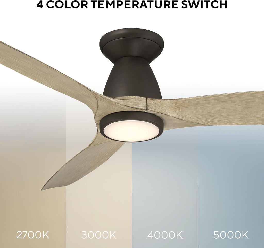 Skylark Indoor and Outdoor 3-Blade 54in Smart Flush Mount Ceiling Fan Bronze/White Oak with 2700K-3000K-4000K-5000K Selectable LED Light Kit and Remote Control works with iOS or Android App