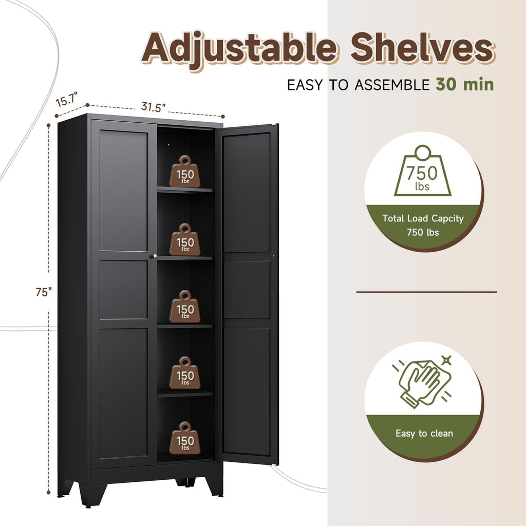 Letaya 75' H Metal Storage Cabinet with 2 Doors and 4 Shelves,Tall Kitchen Pantry Cabinets,Farmhouse Utility Pantry Organizers for Cupboard/Dining/Bathroom/Home Office/Garage Room,Black