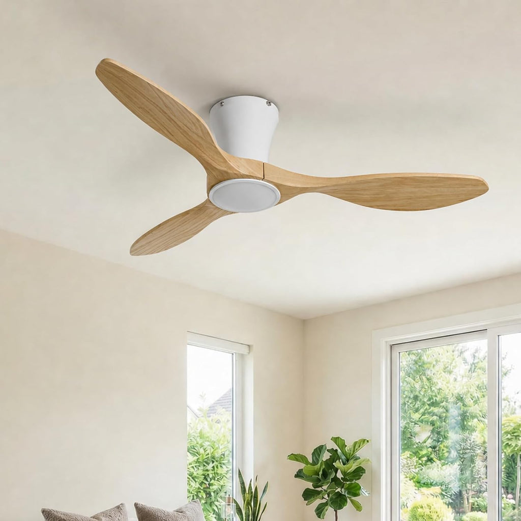 Skylike 42' Flush Mount Wood Ceiling Fan with Lights, 3 Blade Low Profile Farmhouse Ceiling Fan with Remote Control,Quiet Indoor/Outdoor Light Walnut Ceiling Fan for Patio,Gazebo, Balcony, Living Room