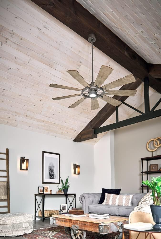 Kichler Gentry XL 65' Ceiling Fan with Lights, 1-Light LED, 3000K, 9-Blade Modern Modern Fan for Bedroom in Weathered Zinc, (65' W x 16.5' H), 300265WZC