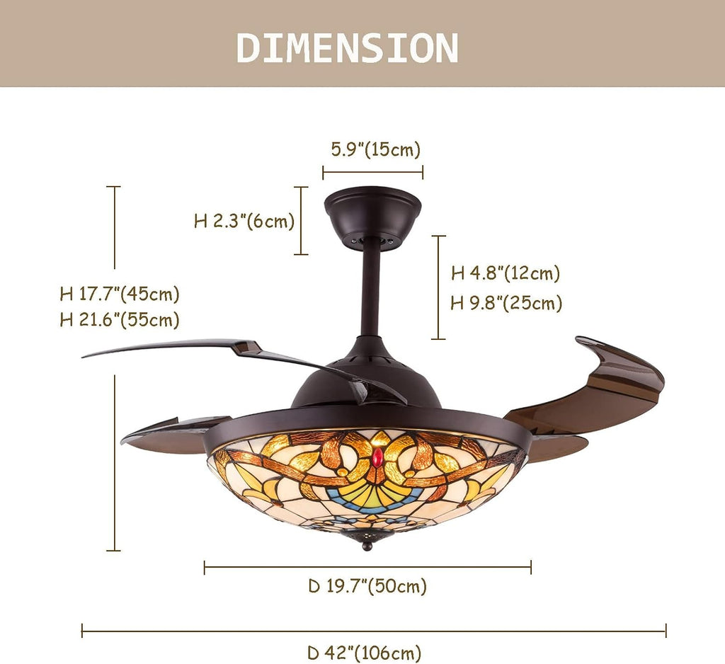 TFCFL 42 Inch Tiffany Style Invisible Ceiling Fan with Lights and Remote Control,Retractable Blades 3 Speeds 3 Light Changes Fandelier Chandelier Fan,Indoor Ceiling Lighting Fixture