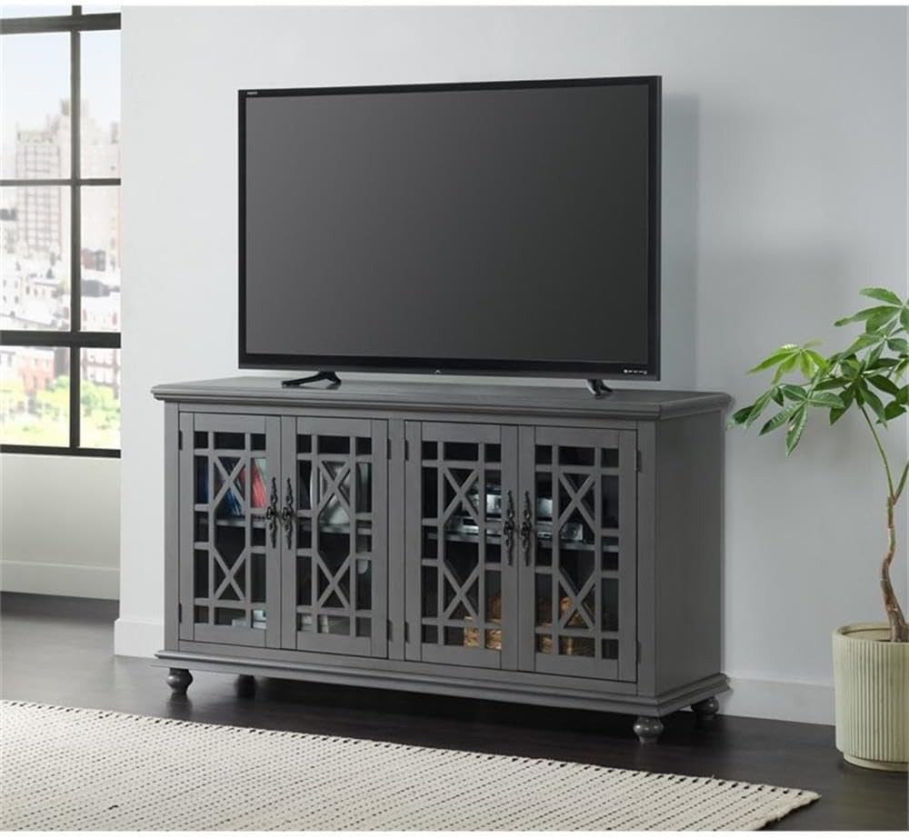 Elegant Gray Wood TV Stand for 50', 55', 60', 65' TVs, Entertainment Center with Doors, Adjustable Shelves, Storage, Media Console, Sideboard, Hallway Accent Chest 63' W x 18' D x 35' H