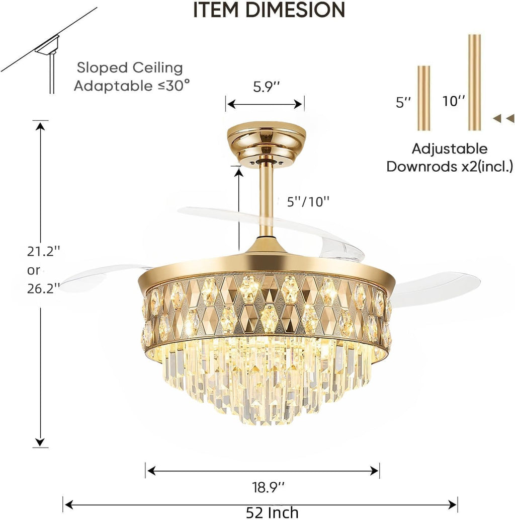 52 Inch Fandelier Ceiling Fan with Light, Chandelier Fan, Retractable Crystal Ceiling Fan Dimmable LED, 3 Color Temperatures, 6 Speeds, for Bedroom & Living Room