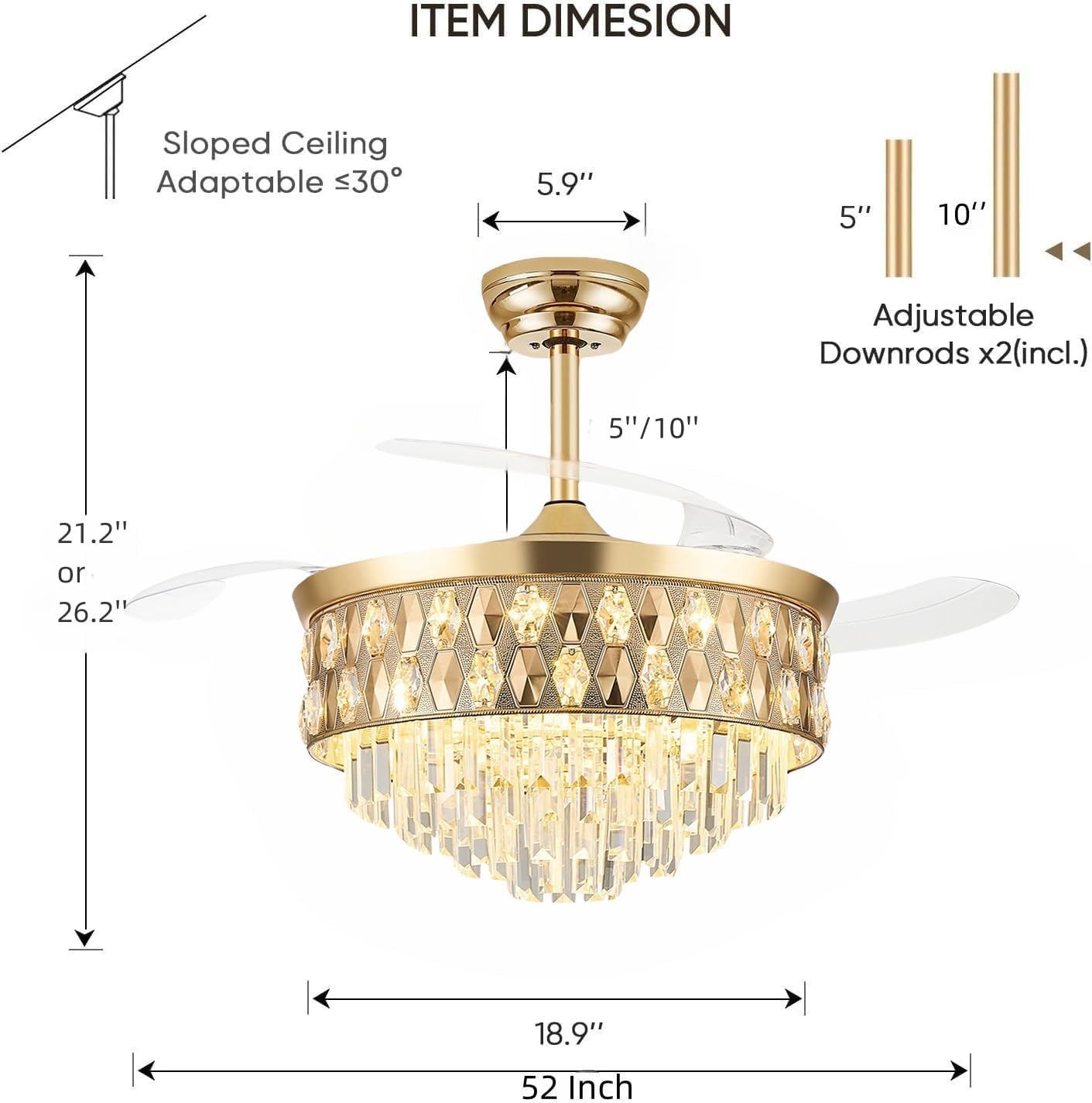 52 Inch Fandelier Ceiling Fan with Light, Chandelier Fan, Retractable Crystal Ceiling Fan Dimmable LED, 3 Color Temperatures, 6 Speeds, for Bedroom & Living Room