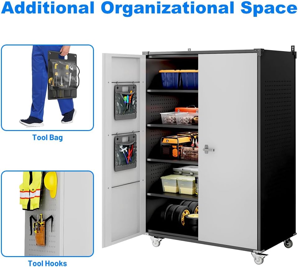 Yeeoy Wide & Deep Metal Garage Storage Cabinet with Pegboard & Adjustable Shelves, Lockable Storage Cabinet with Wheels, Tool Organization Cabinets for Office Garage, 43''W x 22''D x 72''H, Black Gray