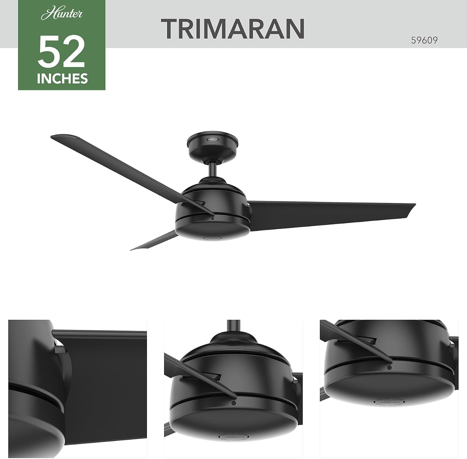 Hunter 52 inch Outdoor or Indoor Ceiling Fan No Light - Black Ceiling Fan without Light, For Patio, Porch, Garage, or Living Room, Standard Mount, 3 Blades, Wall Control - Trimaran 59609, Matte Black