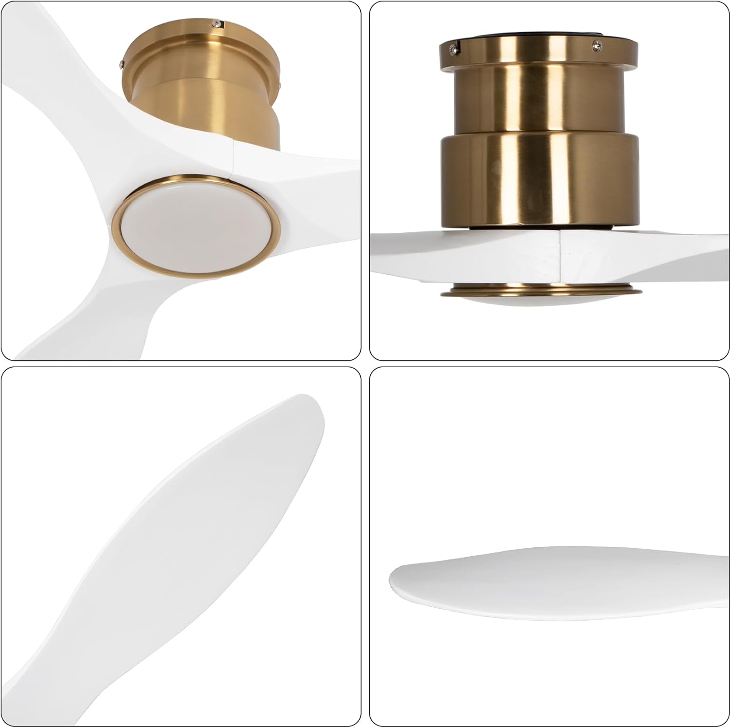 52 Inch Ceiling Fan with Lights and Remote, White Gold Low Profile Flush Mount, Modern 3 Blade Ceiling Fans Dimmable LED Light for Farmhouse Indoor Bedroom, Living Room