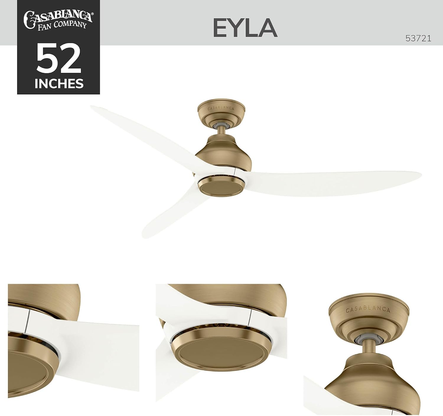 Casablanca - Eyla Indoor/Outdoor Ceiling Fan, 52-inch, 6-speed DC Motor, Energy Star, for porches, patios, sunrooms, bathrooms (Luxe Gold)