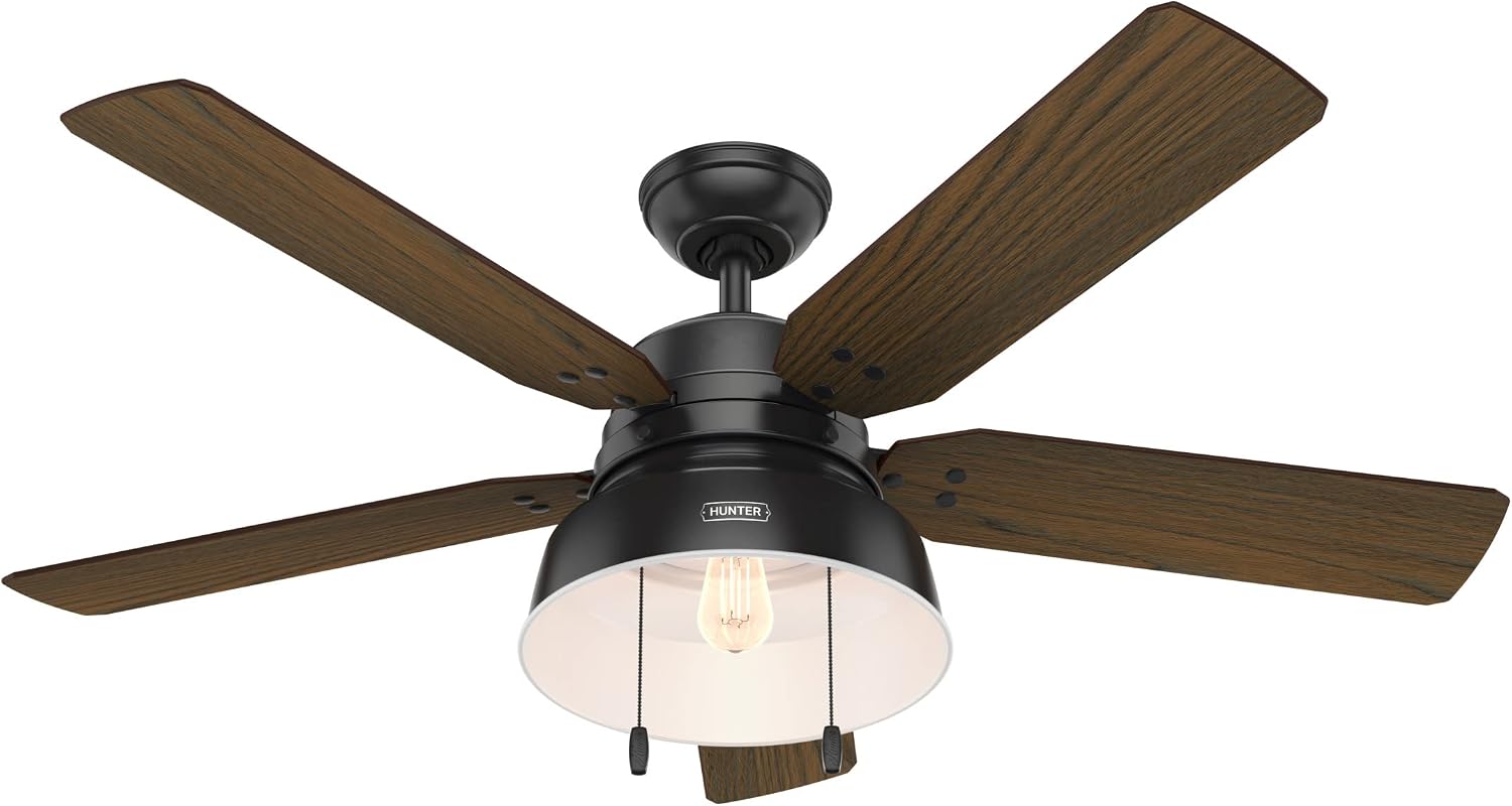 Hunter 52 inch Outdoor or Indoor Ceiling Fan with LED Light - Black Rustic Ceiling Fan with Pull Chain, For Bedroom, Living Room, or Patio, Standard Mount, No Remote - Mill Valley 59307, Matte Black