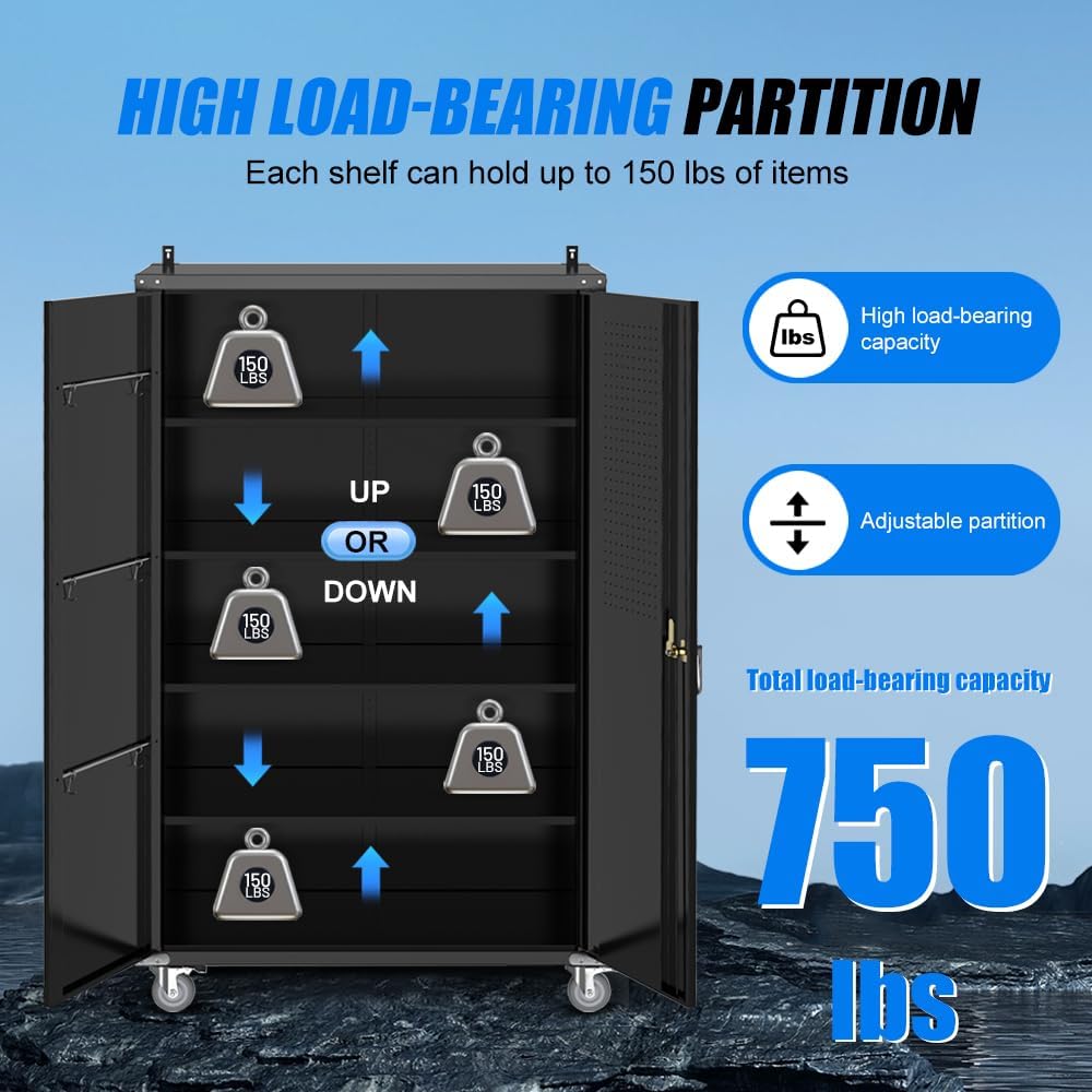Yeeoy Wide & Deep Metal Garage Storage Cabinet with Pegboard & Adjustable Shelves, Lockable Storage Cabinet with Wheels, Tool Organization Cabinets for Office Garage Shop, 43''W x 22''D x 72''H, Black