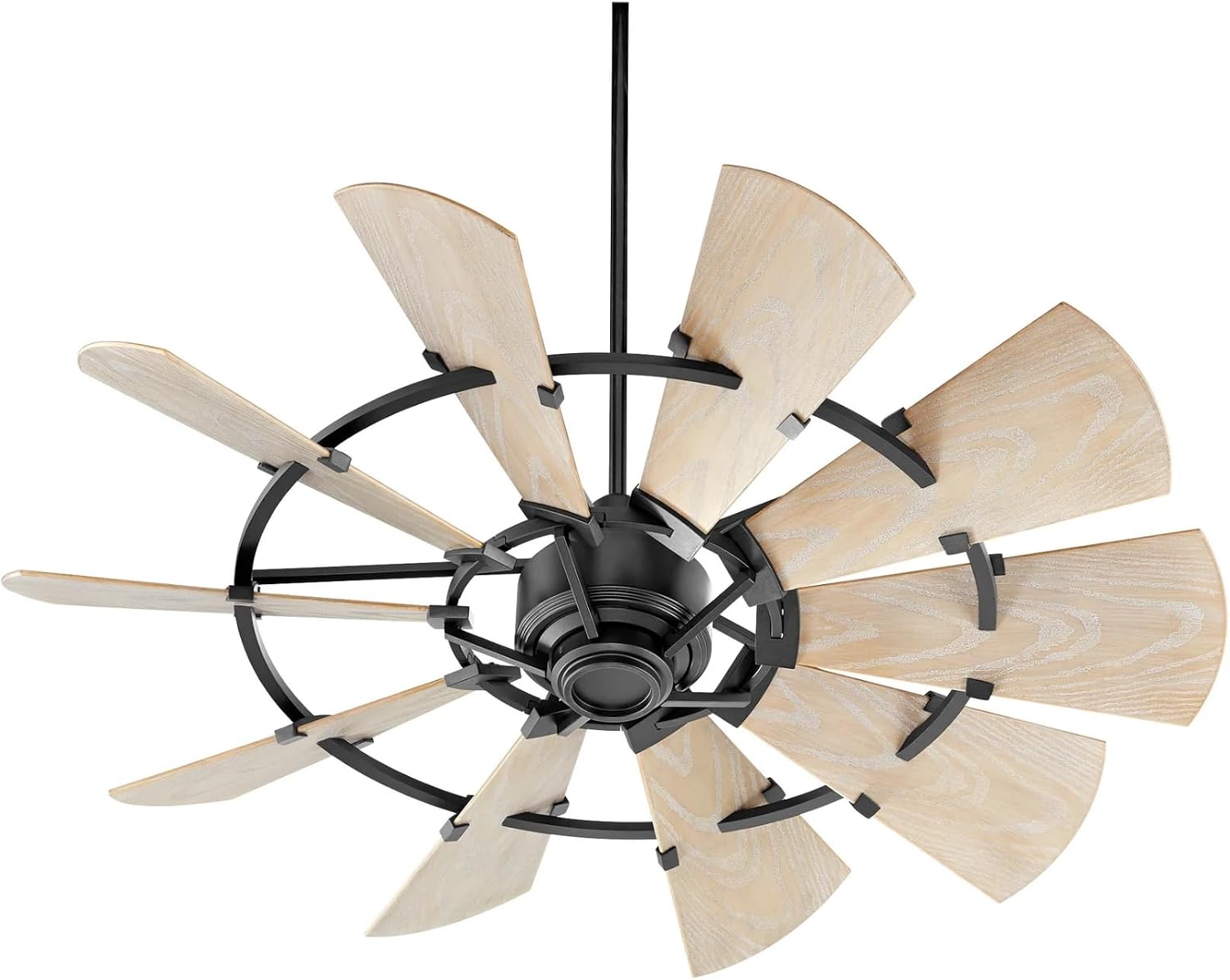 Quorum 95210-69 Windmill 52 Inch Ceiling Fan | 10 Blade Wagon Wheel Design | 6 Speed Reversible DC Motor | Remote Control Included | Dry Rated Indoor Fan | Weathered Oak Blades | Textured Black Finish