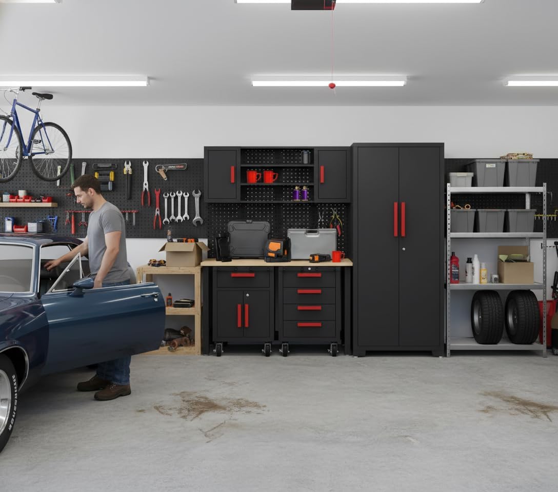 6Piece Garage Storage Cabinet System, Garage Cabinets and Storage System Workshop Set with Steel Cabinet, Cabinet Drawers, Workbench, Pegboard for Tool Organization