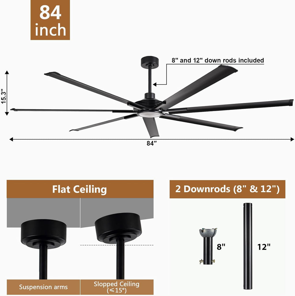 84' Large Commercial Ceiling Fan Lights & Remote - Damp-Rated Outdoor Ceiling Fans for Patios, Modern Industrial Design, 6-Speed, Dimmable LED, Use for House, Shop, Garage,High-Traffic Areas