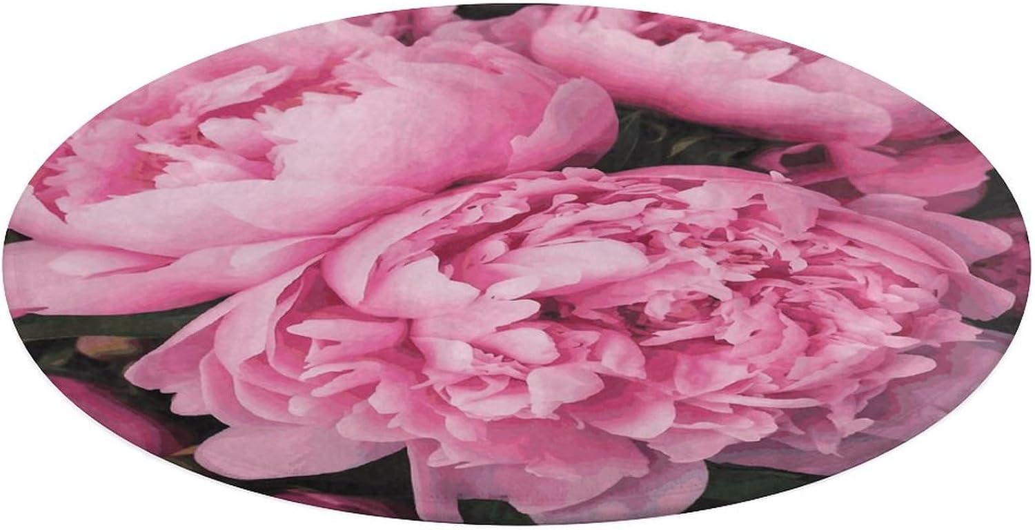 Pink Peony Coral Velvet Round Floor Mat Non-Slip Bath Rug Floor Covering for Bathroom Vanity Guest Suite & Vacation Home