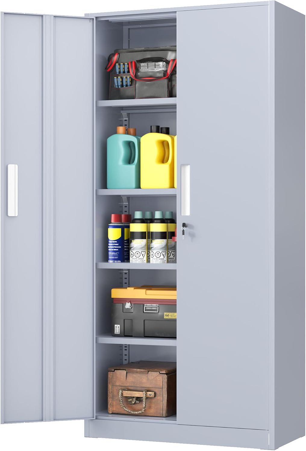INTERGREAT Garage Storage Cabinet with Lock, 72' Metal Storage Cabinet with Locking Doors and 4 Adjustable Shelves, Lockable Tool Steel Cabinet for Home Office, School, Cement Grey