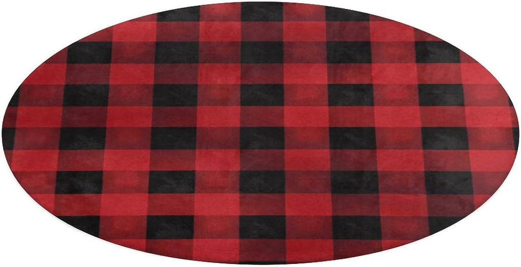 Red Black Buffalo Check Plaid Pattern Coral Velvet Round Floor Mat Non-Slip Bath Rug Floor Covering for Bathroom Vanity Guest Suite & Vacation Home