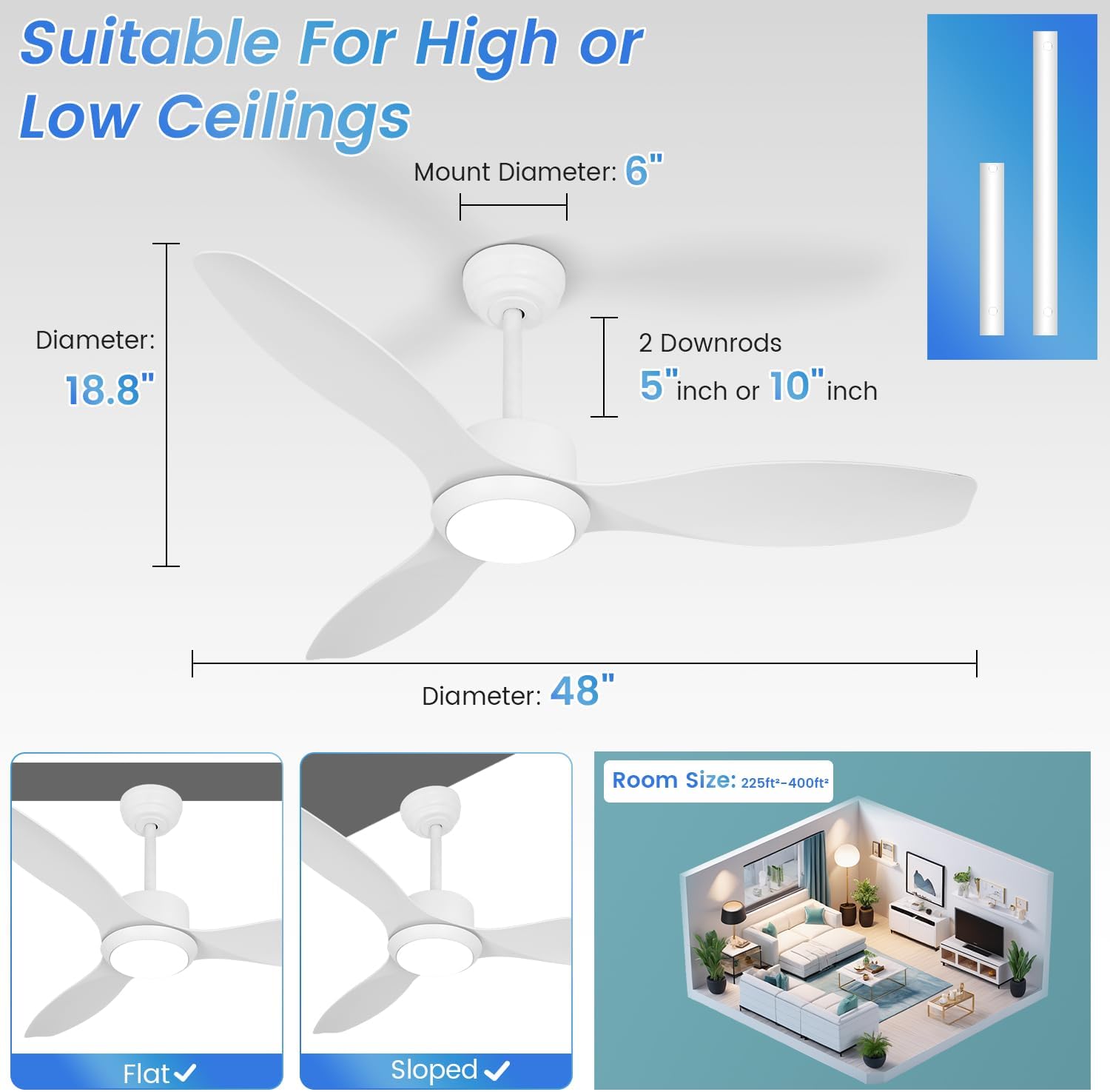 48 inch White Ceiling Fans with Lights and Remote, Modern Ceiling Fan with 3 Blades, Quiet Reversible DC Motor, 3 Color Dimmable Lights,6 Speed, for Bedroom Living Room Indoor Outdoor Patios
